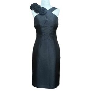 London Times Little Black Dress Cocktail Party Floral Corsage Sheath Dress SZ 4